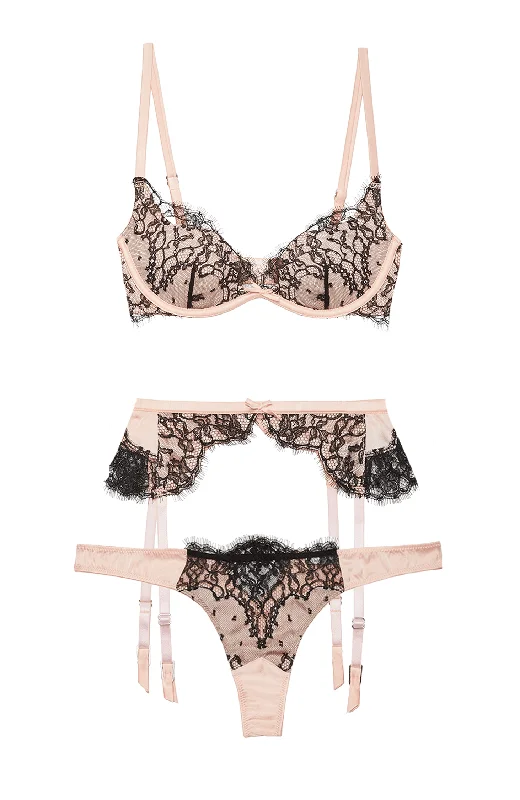anti - static women thongs for reducing static clingIris Lace Demi Bra, Garter and Thong Set anti - static women thongs for reducing static clingIris Lace Demi Bra, Garter and Thong Set