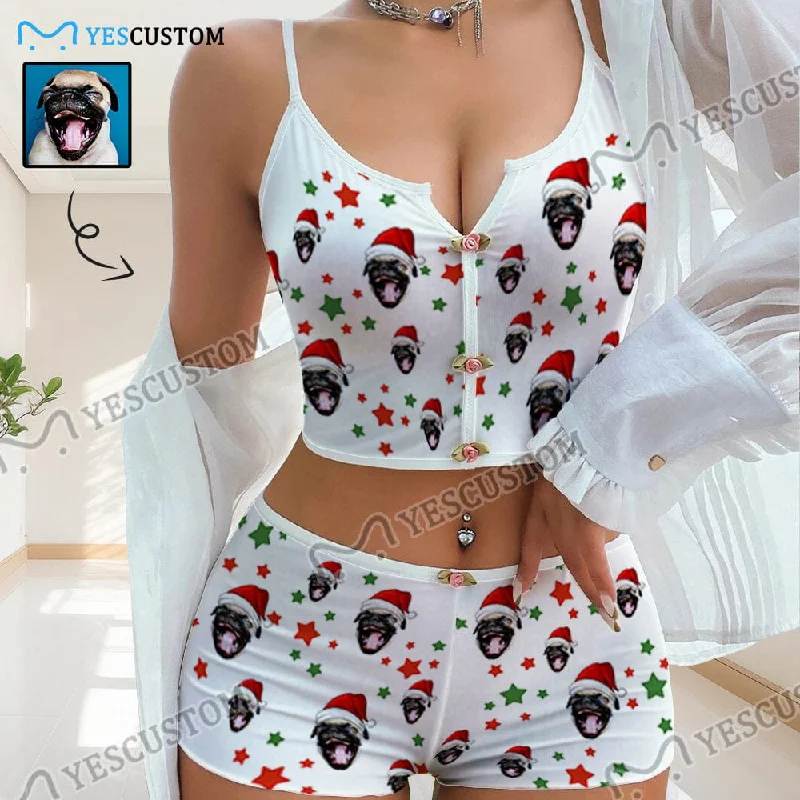 women's sleepshirts with a modern minimalist stylePhoto Custom Pet Dog Christmas Red Hat Sleepwear Appliques Notched Neckline Lingerie Set Pajamas Bachelorette party