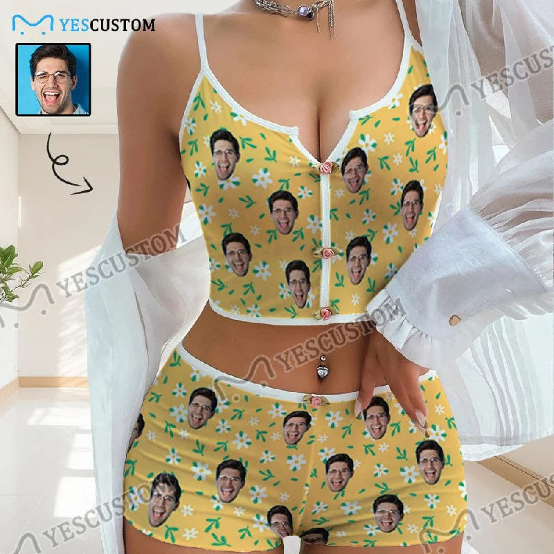 cotton women's sleepshirts for breathable comfortPhoto Custom Husband Face Flowers Print Yellow Background Sleepwear Appliques Notched Neckline Lingerie Set Pajamas Bachelorette party