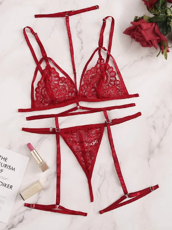 Women's Silk Lingerie Sets Floral Lace Garter Lingerie Set With Choker