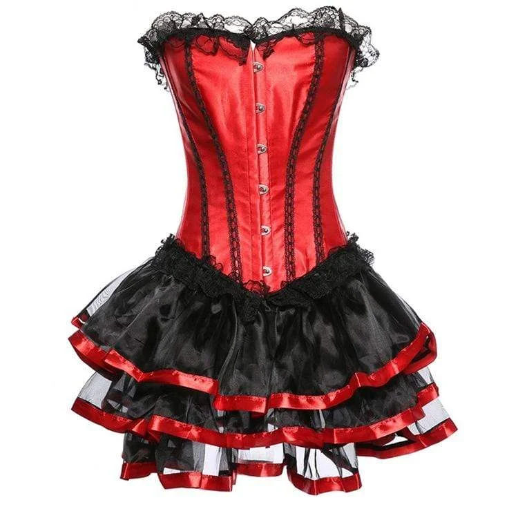 low - cut women bustiers and corsetsWomen's Vintage Lace Hem Satin Overbust Corsets With Skirts