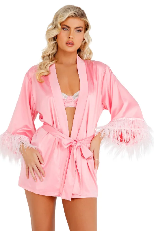 women robes for a spa - like experience at homeSatin Robe with Ostrich Feather Trim