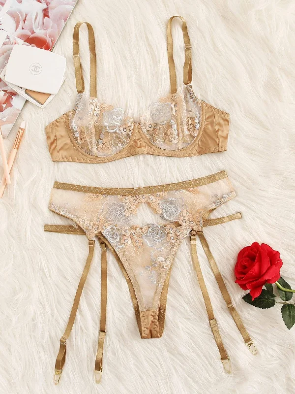 Women's Sheer Lingerie Nightgowns Floral Lace Sheer Garter Lingerie Set
