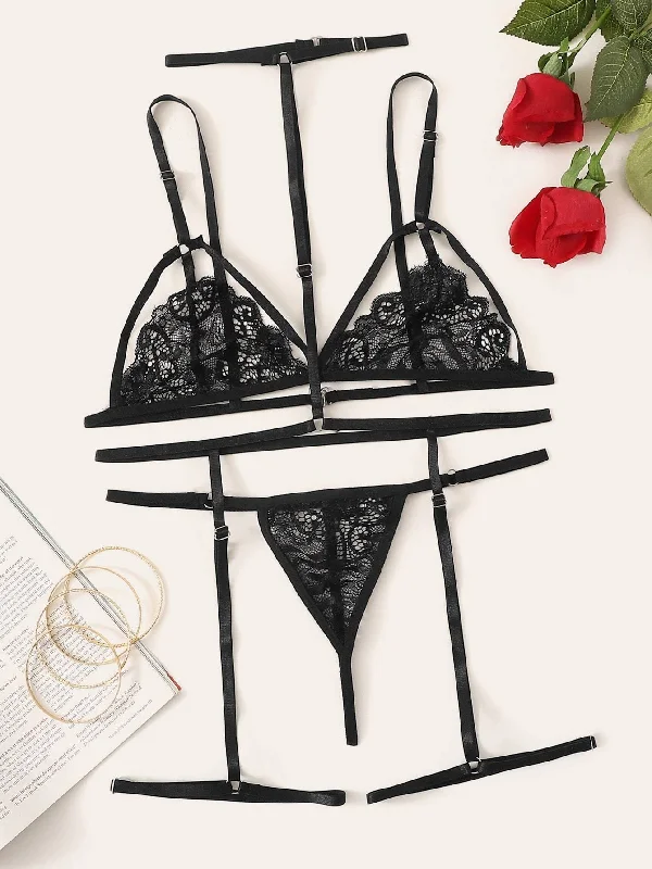 Sexy Lingerie for Women with Stockings Floral Lace Harness Garter Lingerie Set
