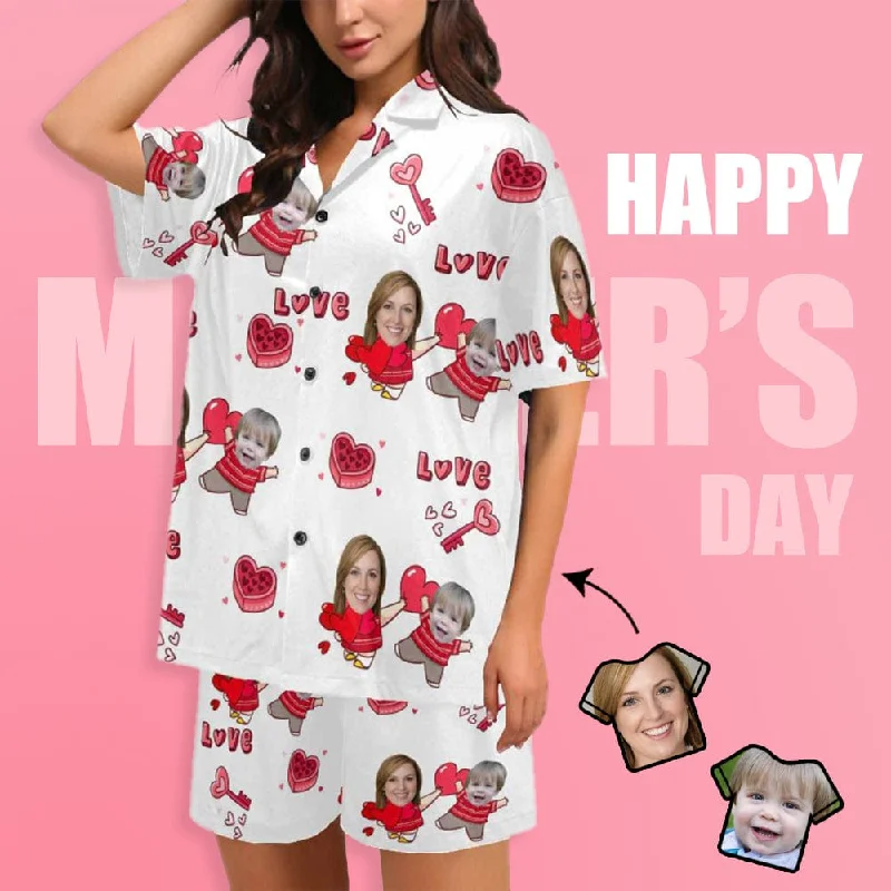 women's nightgowns with a loose fit for comfort[Special Sale] Custom Face Pajamas Love MOM&BABY Sleepwear Personalized Women's V-Neck Short Pajama Set Mother's Day & Birthday Gift