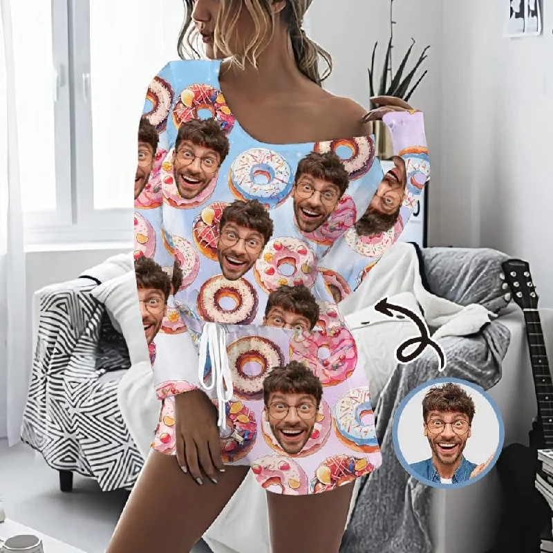 women's sleepshirts for a comfortable stay - at - home dayCustom Face Donut Women's Long Sleeve One Side Off Shoulder Short Pajama Set