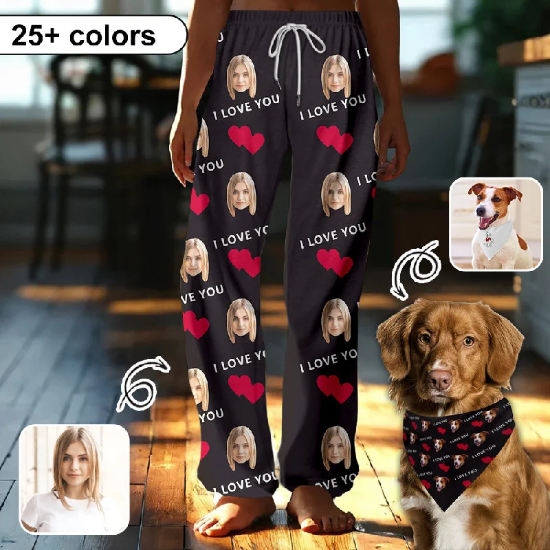 women's nightgowns with a button - down frontCustom Face Red Heart&I Love You Pajama Pants and Pet Dog Bandana