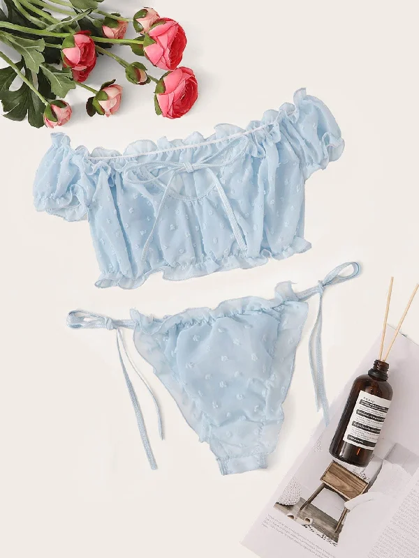 Women's Satin Sleepwear Lingerie Lettuce Trim Dobby Mesh Tie Side Lingerie Set