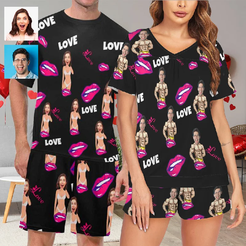 women's sleepshirts with a novelty printCustom Photo Lips Couple Pajama Sets Short Sleeve Loungewear Sleepwear For Valentine's Day