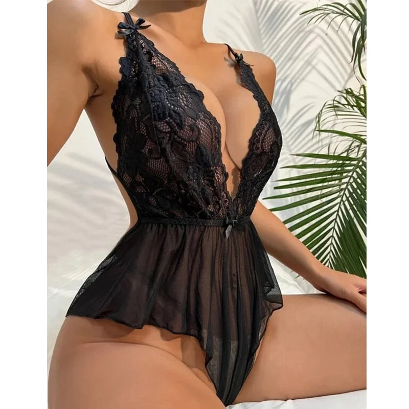 Eco-Friendly Organic Lingerie for Women Black Lace Bow Romper