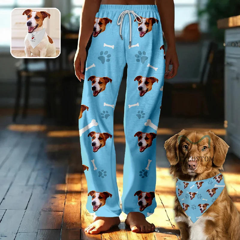 women's nightgowns with floral prints【Flash Sale】Custom Face Dog Bone Paw Print Blue Background Pajama Pants and Pet Dog Bandana