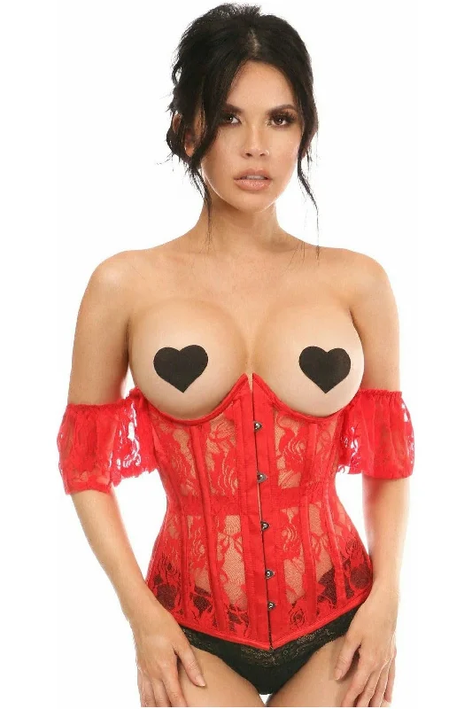 low - cut women bustiers and corsetsLavish Sheer Red Lace Underbust Underwire Corset w/Ruffle Sleeve low - cut women bustiers and corsetsLavish Sheer Red Lace Underbust Underwire Corset w/Ruffle Sleeve