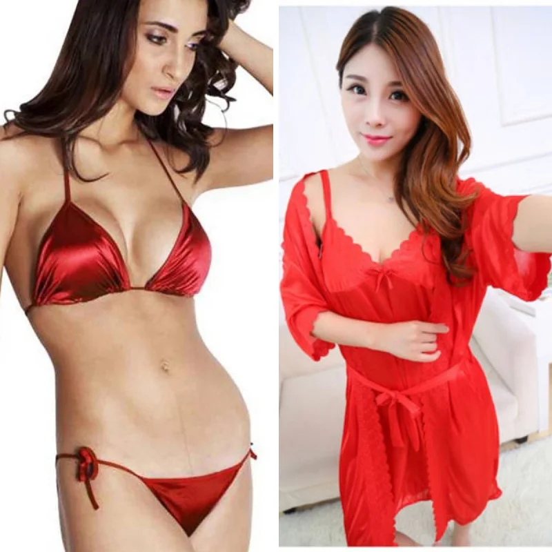 stretchy women bikini briefs for all - day comfortSet Of 3 - 2 Pcs Satin Short Night & Sexy Bikini Set - Red stretchy women bikini briefs for all - day comfortSet Of 3 - 2 Pcs Satin Short Night & Sexy Bikini Set - Red