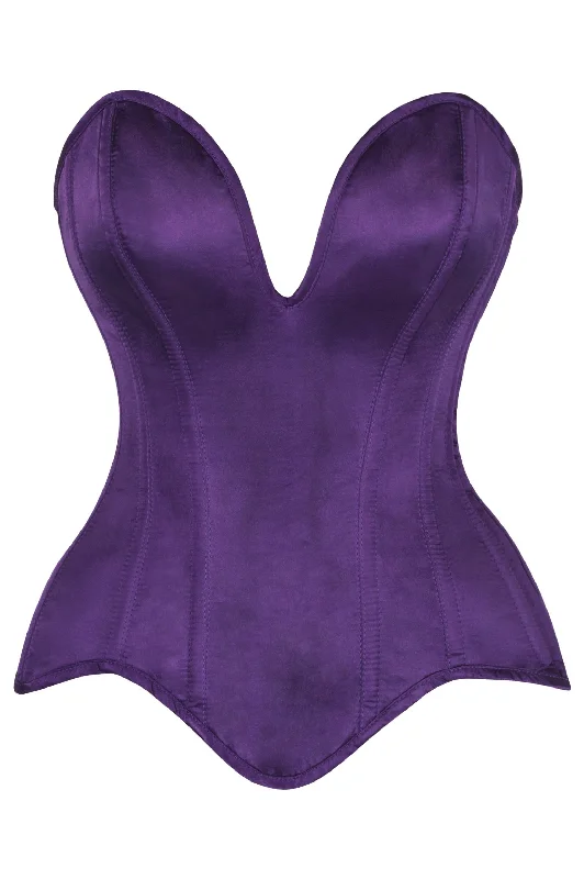 low - cut women bustiers and corsetsTop Drawer Steel Boned Plum Satin Plunge Neckline Overbust Corset