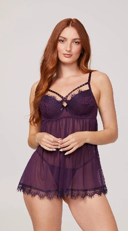 Women's Sheer Lingerie Nightgowns Crossed Lace & Mesh Babydoll Set