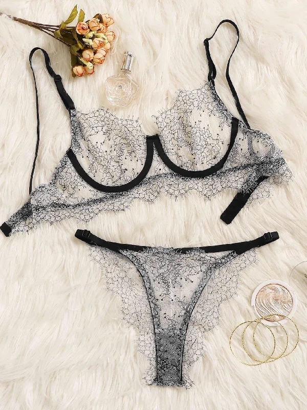 Women's Satin Sleepwear Lingerie Floral Lace Underwire Lingerie Set
