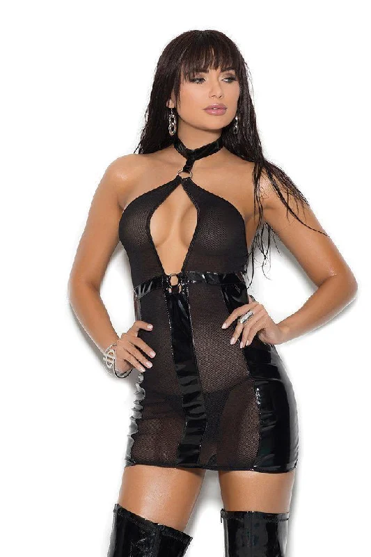 women sexy dresses with brooch accentsKeyhole Vinyl Mini Dress
