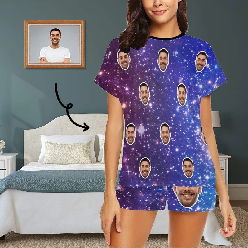 women's silk nightgowns for luxurious sleep[Limited Time Discount - Lowest Price] Custom Face Pajamas Starry Night Loungewear Personalized Women's Short Pajama Set
