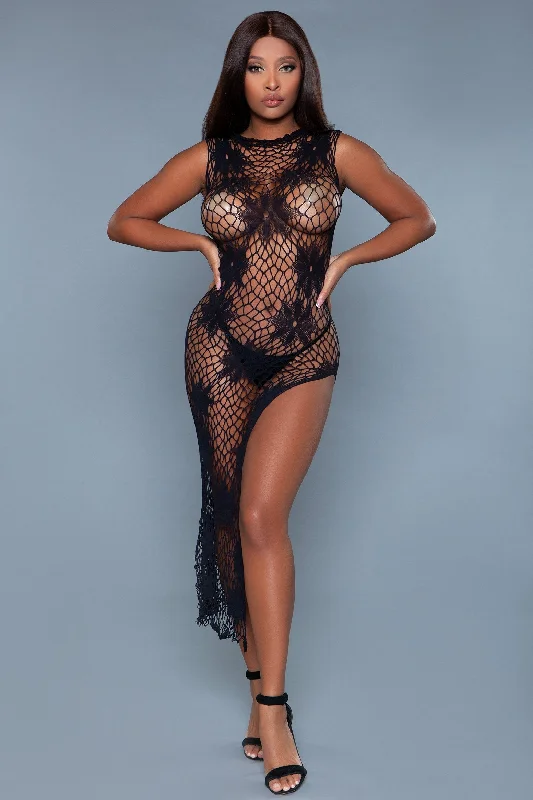 women sexy dresses with ruched sleevesFloral Net Long Front Slit Dress