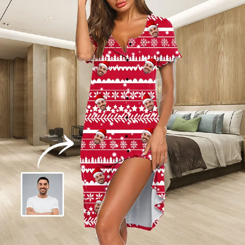 women's sleepshirts for a comfortable work - from - home optionCustom Face Red Christmas Women's Nightshirt Short Sleeve Button Down Nightgown V-Neck Sleepwear Pajama Dress