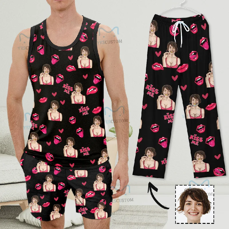 women's sleepshirts with a novelty printCustom Photo Pajama Set Kiss Me Top Tank Loungewear with Sleeveless & Short Pants for Man