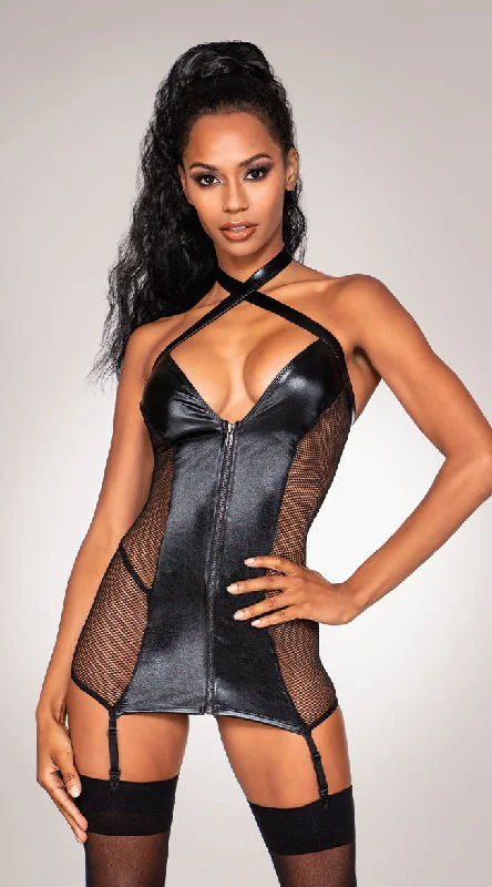 women lounge dress with a lined interior for added qualityDark Side Vinyl and Fishnet Chemise Set