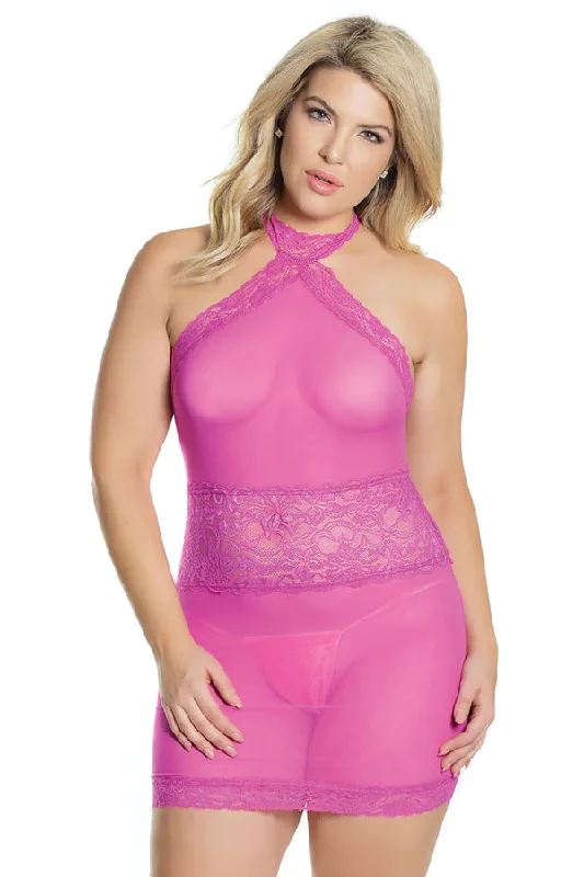 women lounge dress with a floral print for a feminine touchPlus Magenta Mesh Lace Chemise