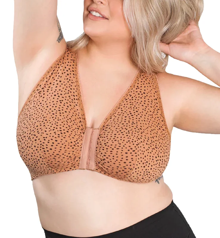 Bra with a plus - size seamless design for a smooth look​ Leading Lady Meryl Cotton Front Closure Bra (110) - Mocha Leo Dot