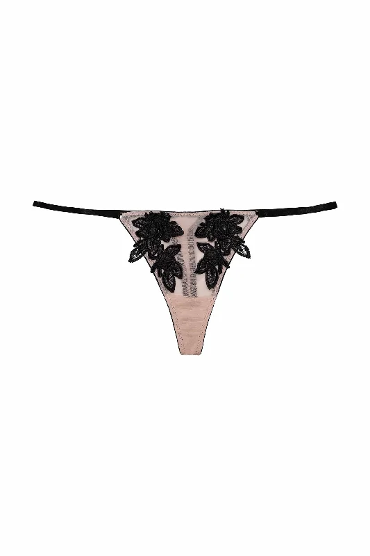 Bra with a polyester - lined cup for durability and moisture - wicking Brooke Black Applique Thong Bra with a polyester - lined cup for durability and moisture - wicking Brooke Black Applique Thong