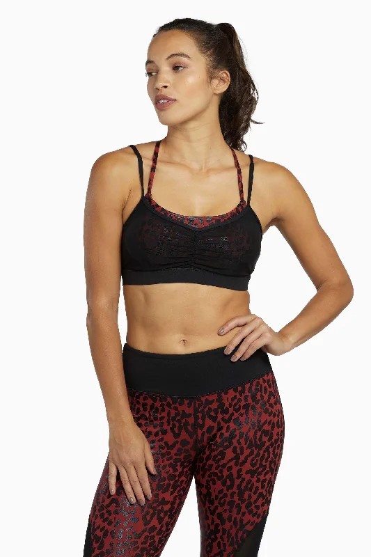 Bra with adjustable hooks for a customized fit Dark Red and Black Leopard Wet Look Sports Bra Bra with adjustable hooks for a customized fit Dark Red and Black Leopard Wet Look Sports Bra