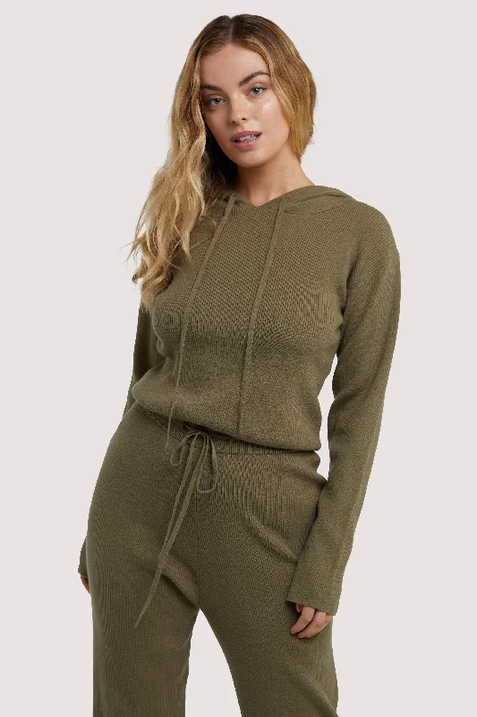 Bra with a racerback design for better mobility Lounge Khaki Knitted Rib Cropped Hoodie Bra with a racerback design for better mobility Lounge Khaki Knitted Rib Cropped Hoodie