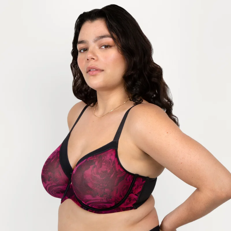 Bra with an anti - itch lining for added comfort​ Curvy Couture Sheer Mesh Unlined Bra Dramatic Roses