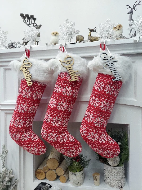 23" Fair Isle Snowflake Christmas Stocking | Red White Knit with Pom Poms Faux Fur Cuff Fun Festive Xmas Decor Personalized Wood Name Tag 23" Fair Isle Snowflake Christmas Stocking | Red White Knit with Pom Poms Faux Fur Cuff Fun Festive Xmas Decor Personalized Wood Name Tag