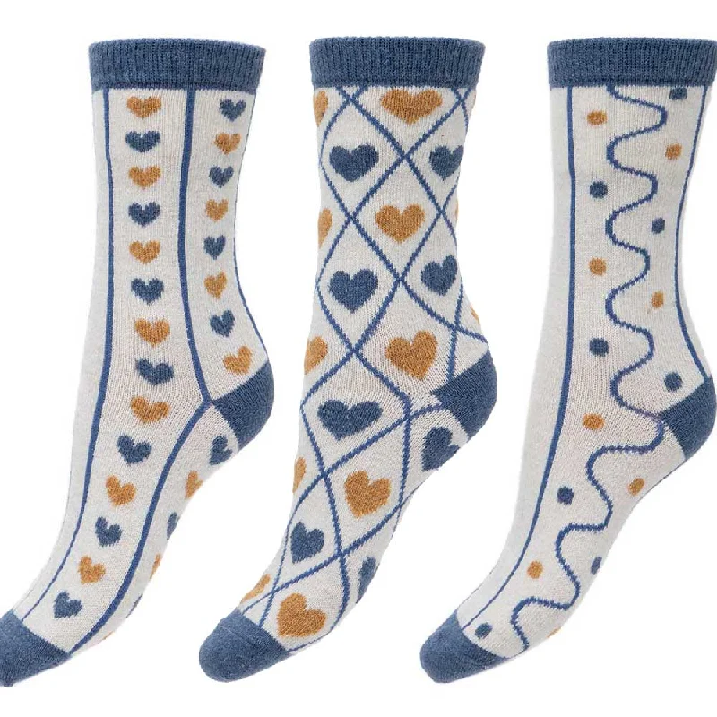 3 pairs of cream and blue wool blend socks