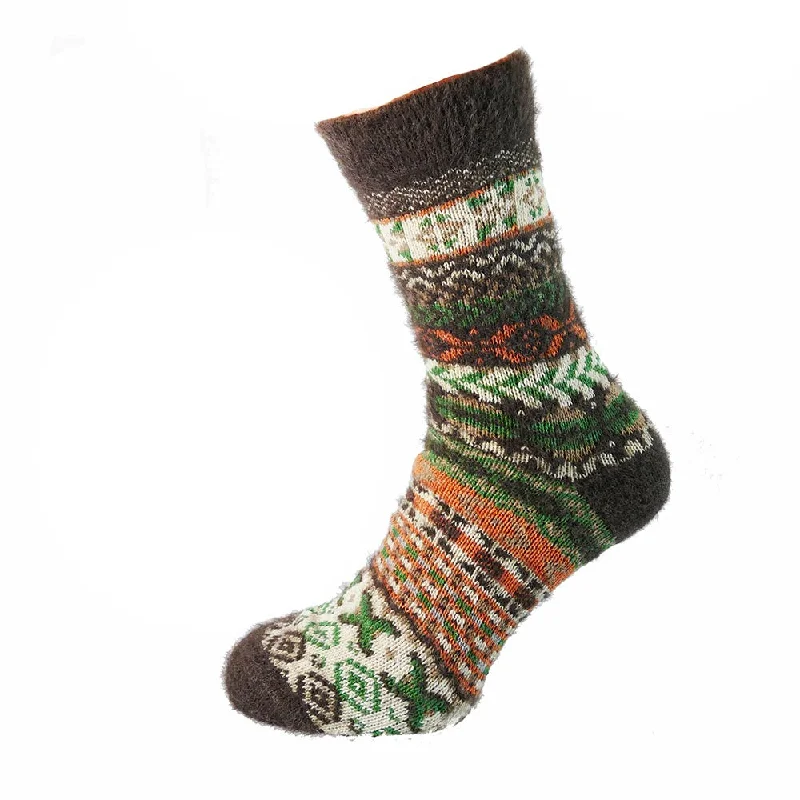 Brown, orange and green Nordic patterned Wool Blend socks