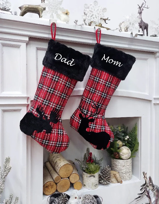 Buffalo Plaid Moose & Deer Christmas Stocking | Red Black White Check Cabin Farmhouse Lumberjack Personalized Family Name Tag Wood Buffalo Plaid Moose & Deer Christmas Stocking | Red Black White Check Cabin Farmhouse Lumberjack Personalized Family Name Tag Wood
