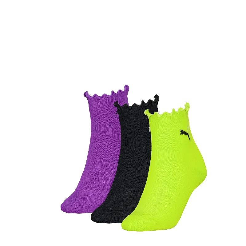 Puma® Women's Ruffle Edge Quarter Socks 3 Pair Pack -Lime-Black-Purple