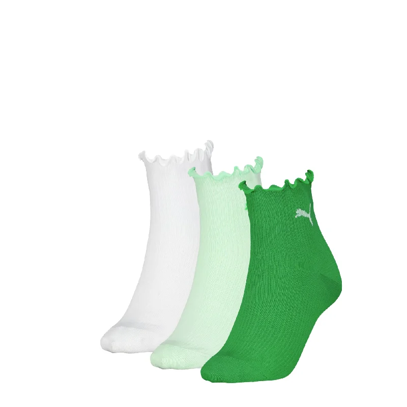 Puma® Women's Ruffle Edge Quarter Socks 3 Pair Pack - White-Green Combo