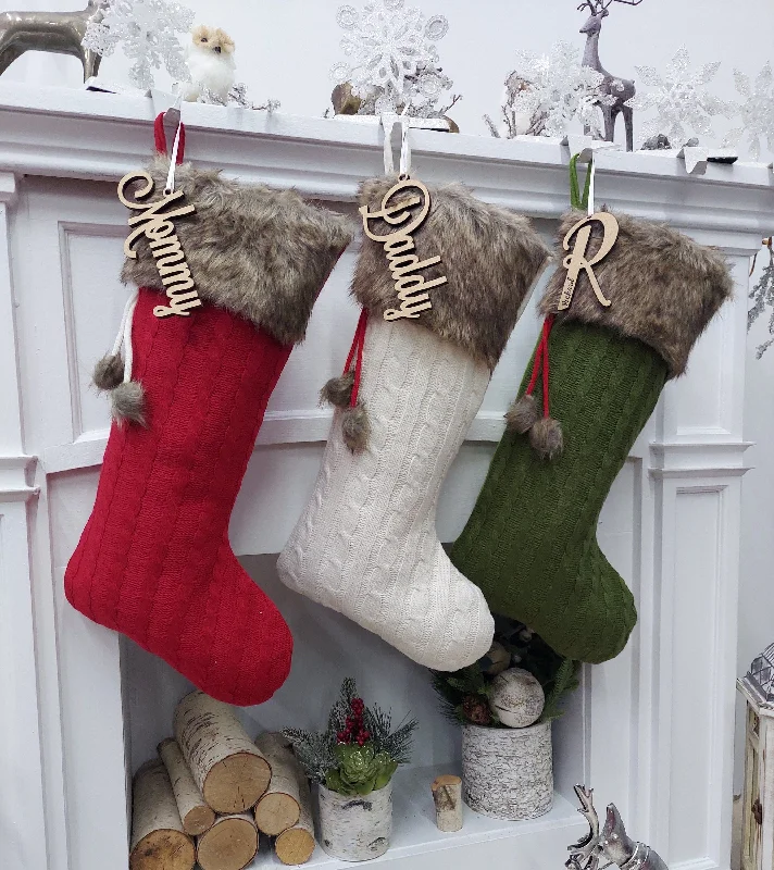 Red | Ivory | Olive | Cable Knit Christmas Stockings | Faux Fur Pom Poms Personalized Wood Name Tag Custom Embroidered Xmas Modern Decor Red | Ivory | Olive | Cable Knit Christmas Stockings | Faux Fur Pom Poms Personalized Wood Name Tag Custom Embroidered Xmas Modern Decor