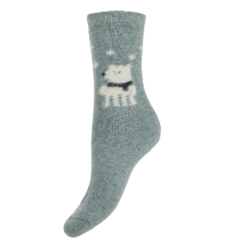 Thick light blue socks with white fluffy dog