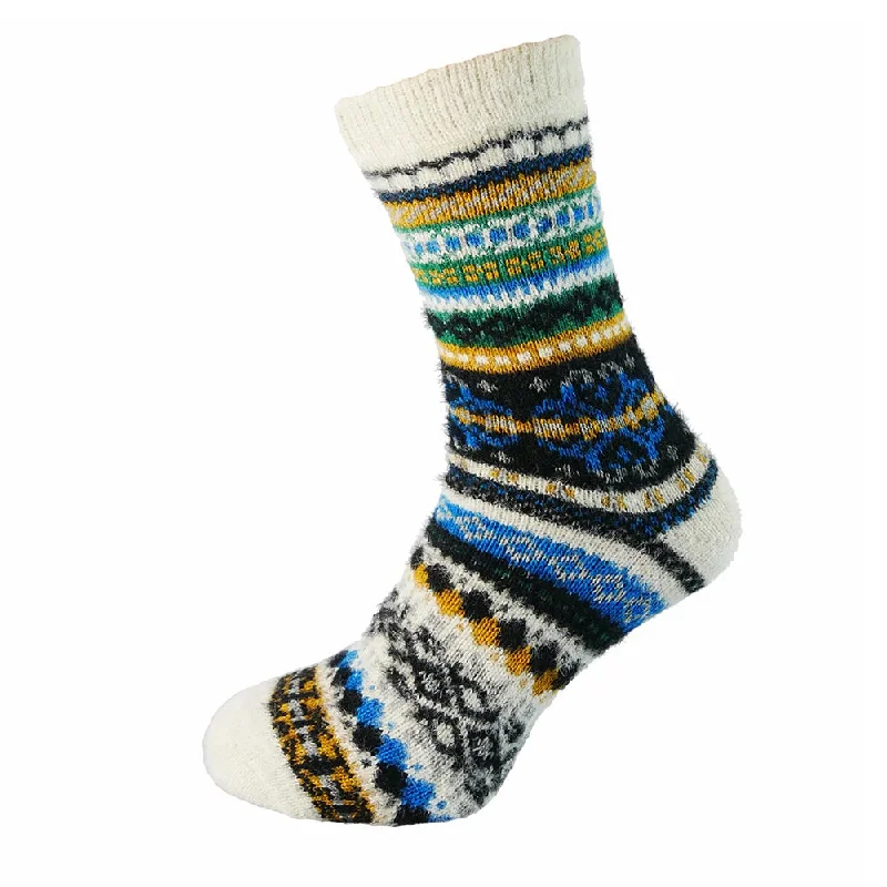 White, blue and black Nordic patterned Wool Blend socks